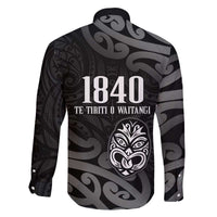 New Zealand 1840 Waitangi Day Family Matching Off The Shoulder Long Sleeve Dress and Hawaiian Shirt Aotearoa Haka Mask - Black Version LT14 - Polynesian Pride