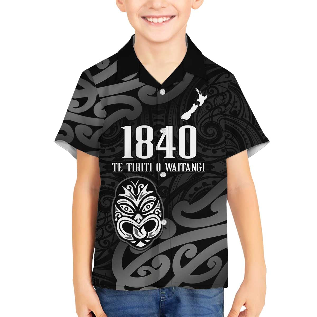 New Zealand 1840 Waitangi Day Family Matching Off The Shoulder Long Sleeve Dress and Hawaiian Shirt Aotearoa Haka Mask - Black Version LT14 Son's Shirt Black - Polynesian Pride