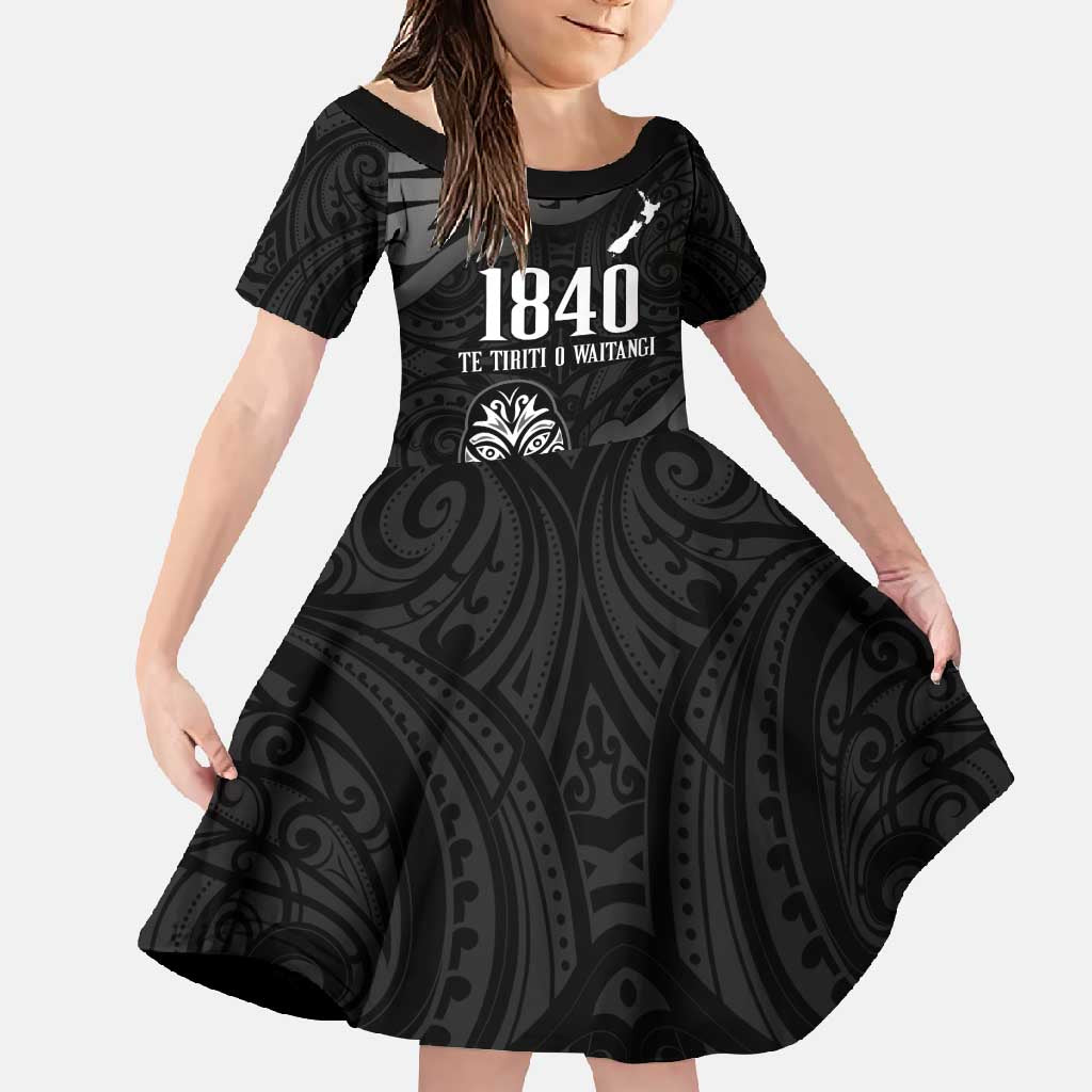 New Zealand 1840 Waitangi Day Family Matching Off Shoulder Maxi Dress and Hawaiian Shirt Aotearoa Haka Mask - Black Version LT14 Daughter's Dress Black - Polynesian Pride