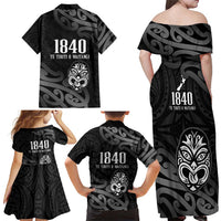 New Zealand 1840 Waitangi Day Family Matching Off Shoulder Maxi Dress and Hawaiian Shirt Aotearoa Haka Mask - Black Version LT14 - Polynesian Pride