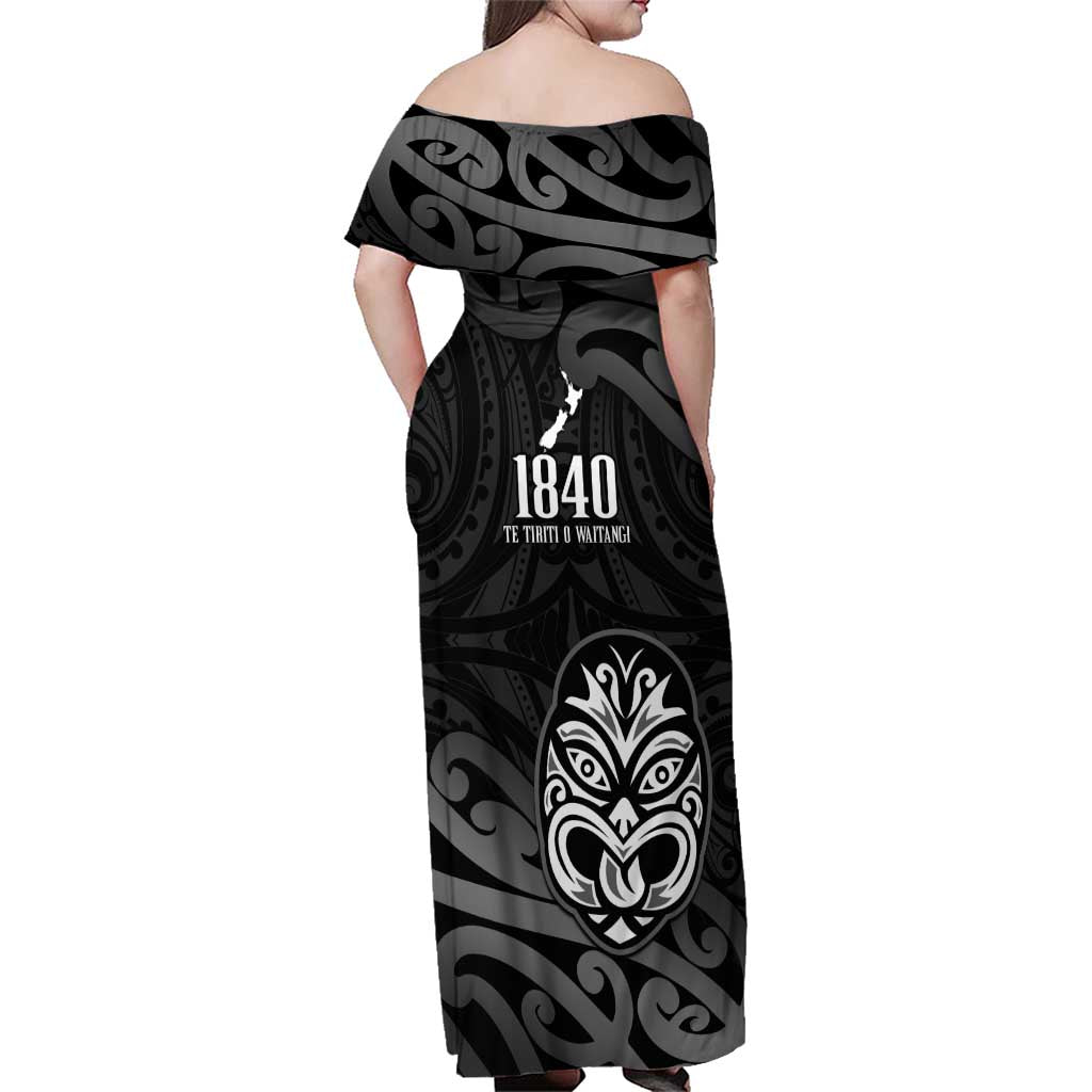 New Zealand 1840 Waitangi Day Family Matching Off Shoulder Maxi Dress and Hawaiian Shirt Aotearoa Haka Mask - Black Version LT14 - Polynesian Pride