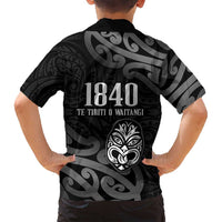 New Zealand 1840 Waitangi Day Family Matching Off Shoulder Short Dress and Hawaiian Shirt Aotearoa Haka Mask - Black Version LT14 - Polynesian Pride