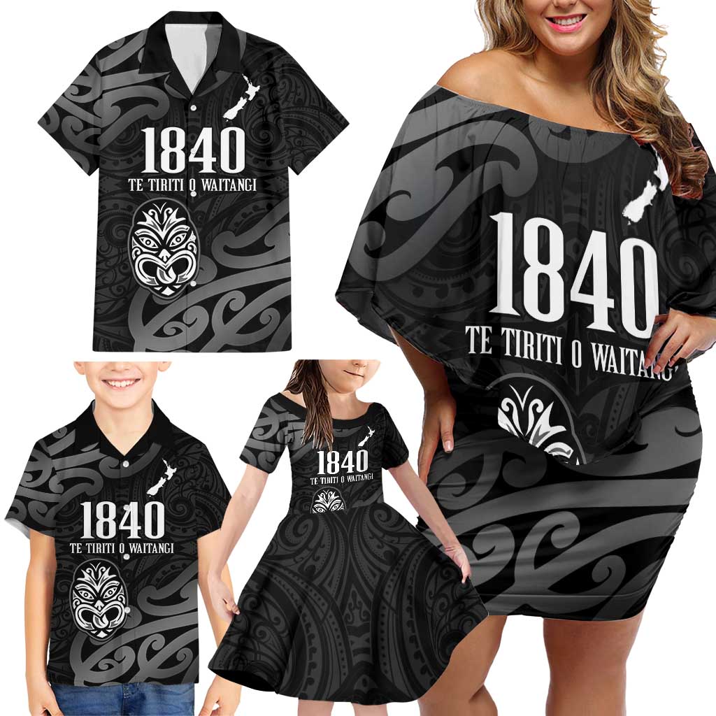 New Zealand 1840 Waitangi Day Family Matching Off Shoulder Short Dress and Hawaiian Shirt Aotearoa Haka Mask - Black Version LT14 - Polynesian Pride