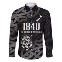 New Zealand 1840 Waitangi Day Family Matching Puletasi and Hawaiian Shirt Aotearoa Haka Mask - Black Version LT14 Dad's Shirt - Long Sleeve Black - Polynesian Pride