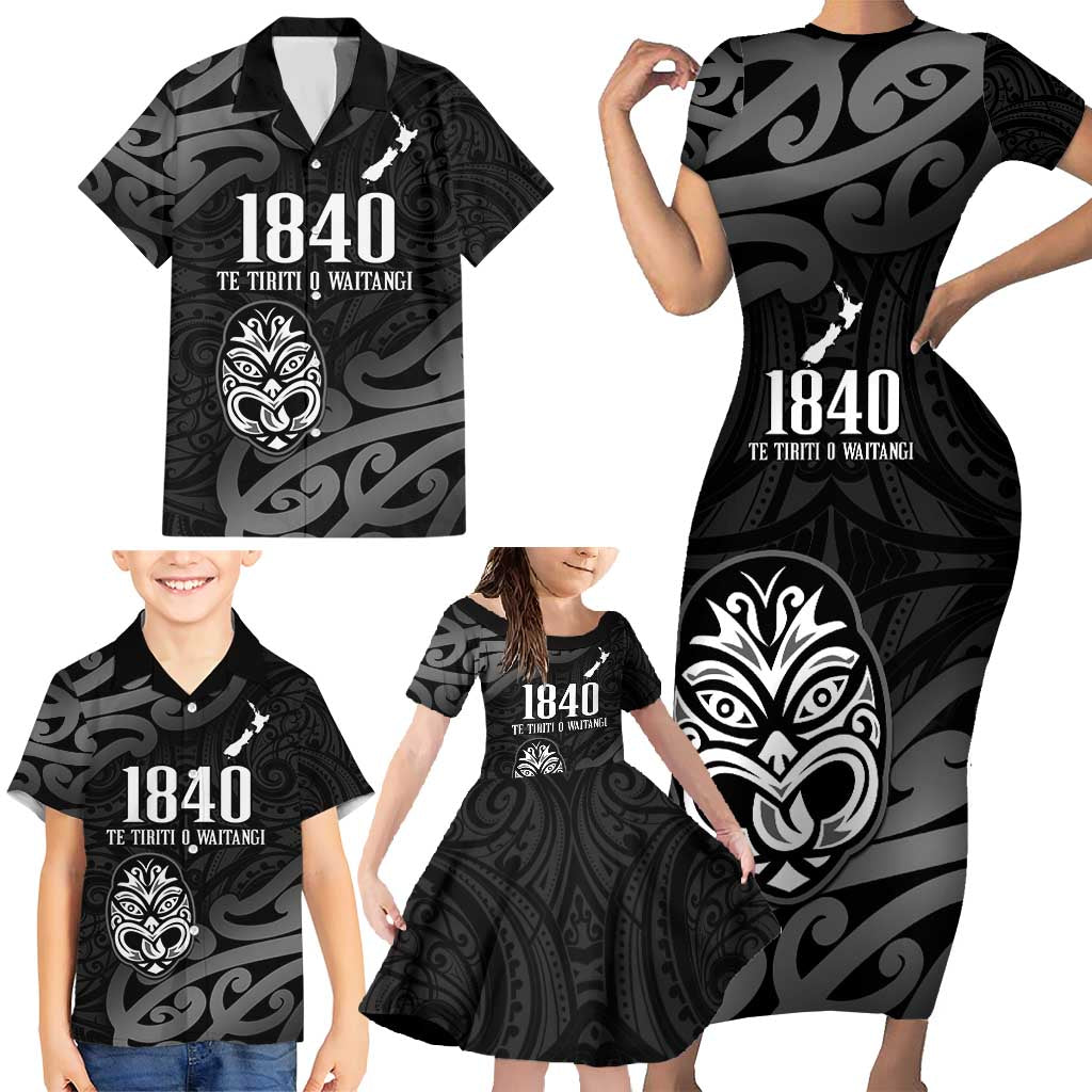 New Zealand 1840 Waitangi Day Family Matching Short Sleeve Bodycon Dress and Hawaiian Shirt Aotearoa Haka Mask - Black Version LT14 - Polynesian Pride