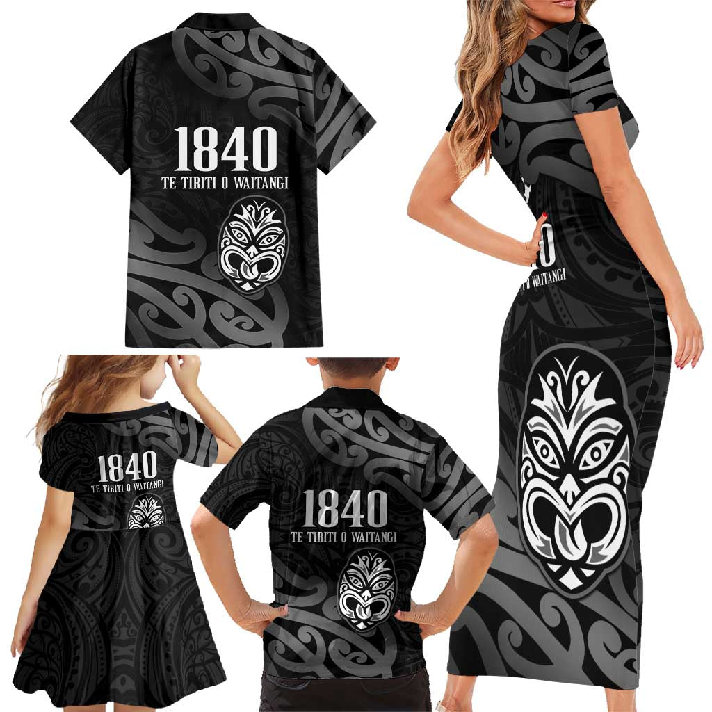 New Zealand 1840 Waitangi Day Family Matching Short Sleeve Bodycon Dress and Hawaiian Shirt Aotearoa Haka Mask - Black Version LT14 - Polynesian Pride