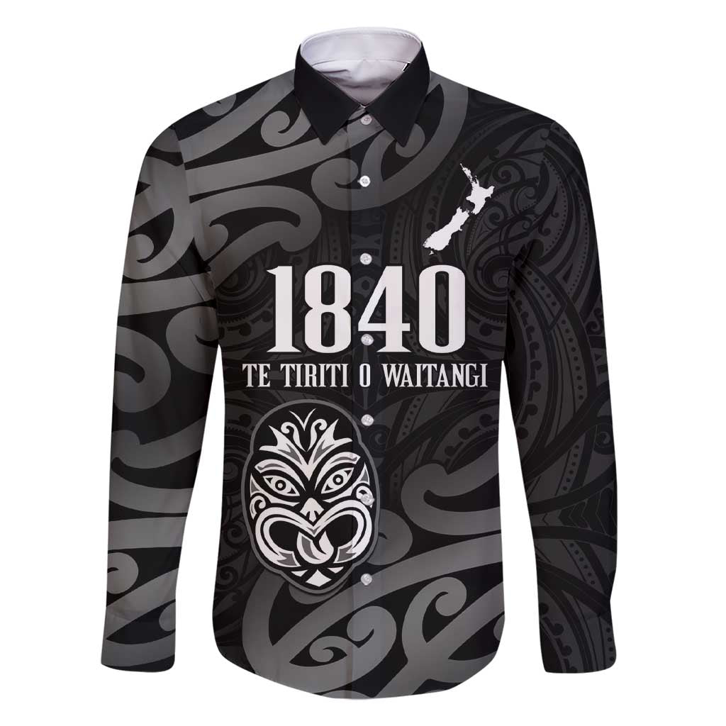 New Zealand 1840 Waitangi Day Family Matching Short Sleeve Bodycon Dress and Hawaiian Shirt Aotearoa Haka Mask - Black Version LT14 Dad's Shirt - Long Sleeve Black - Polynesian Pride