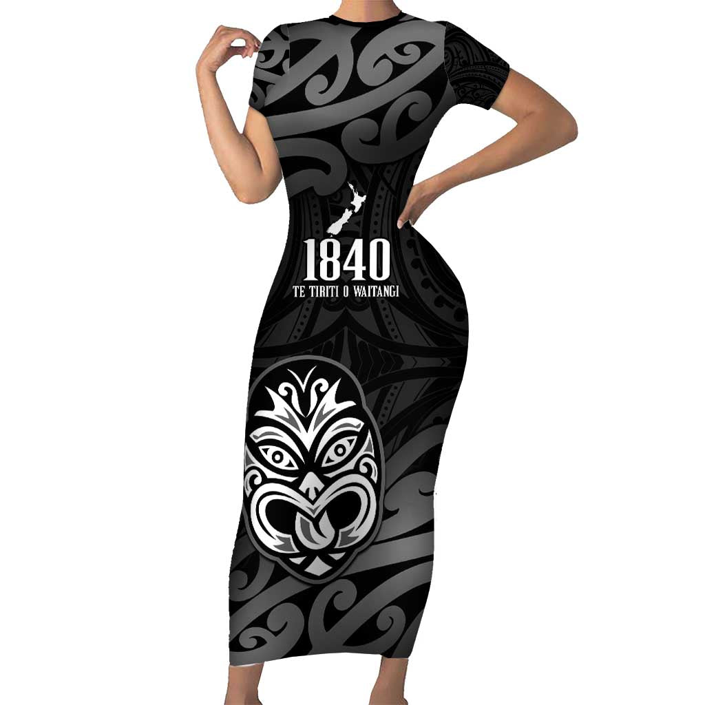 New Zealand 1840 Waitangi Day Family Matching Short Sleeve Bodycon Dress and Hawaiian Shirt Aotearoa Haka Mask - Black Version LT14 Mom's Dress Black - Polynesian Pride