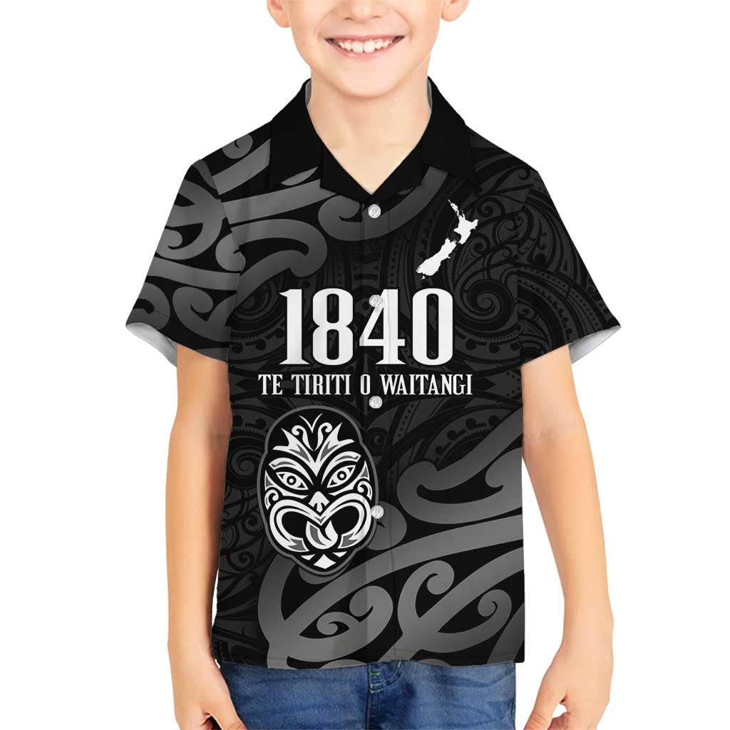 New Zealand 1840 Waitangi Day Family Matching Summer Maxi Dress and Hawaiian Shirt Aotearoa Haka Mask - Black Version LT14 Son's Shirt Black - Polynesian Pride