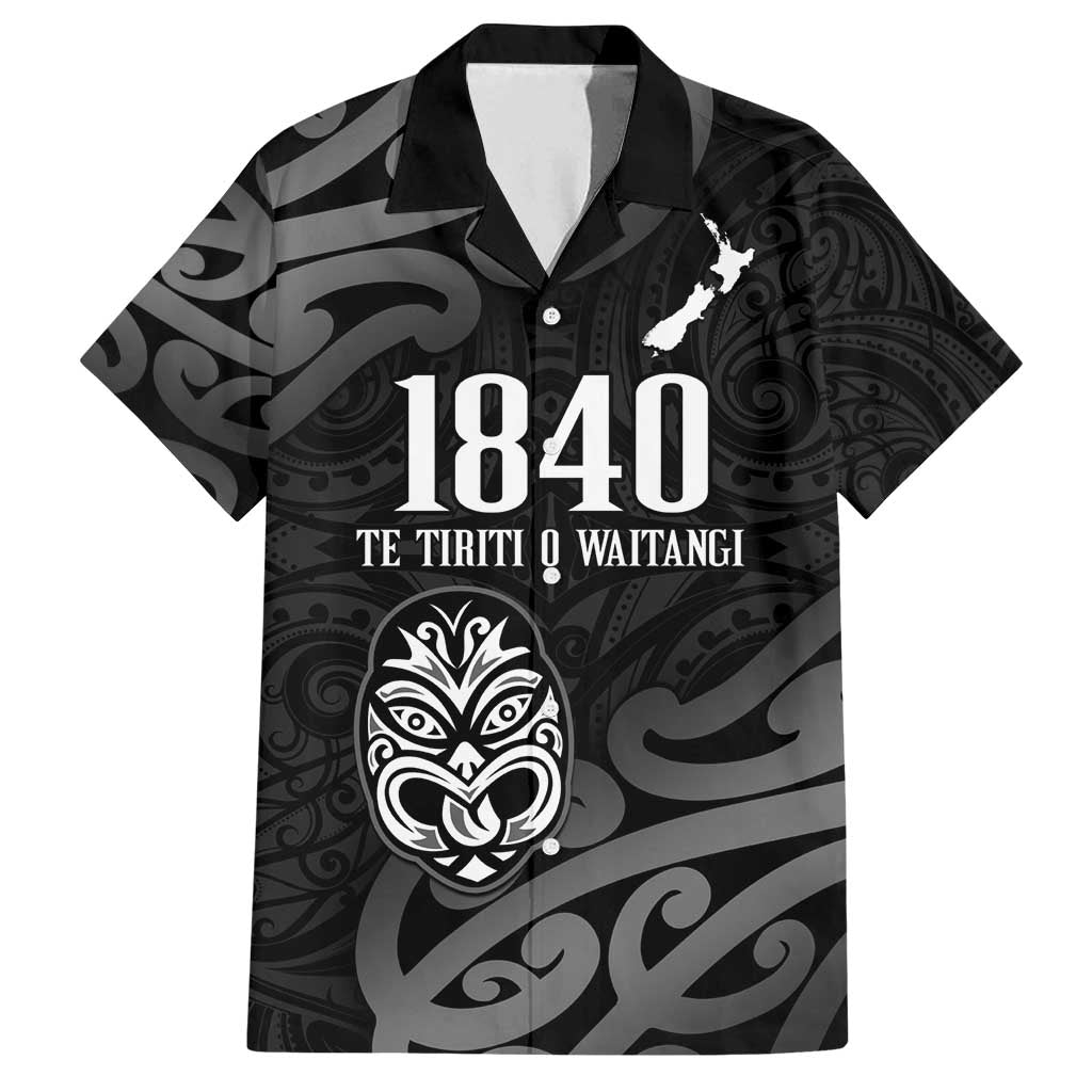New Zealand 1840 Waitangi Day Family Matching Tank Maxi Dress and Hawaiian Shirt Aotearoa Haka Mask - Black Version LT14 Dad's Shirt - Short Sleeve Black - Polynesian Pride