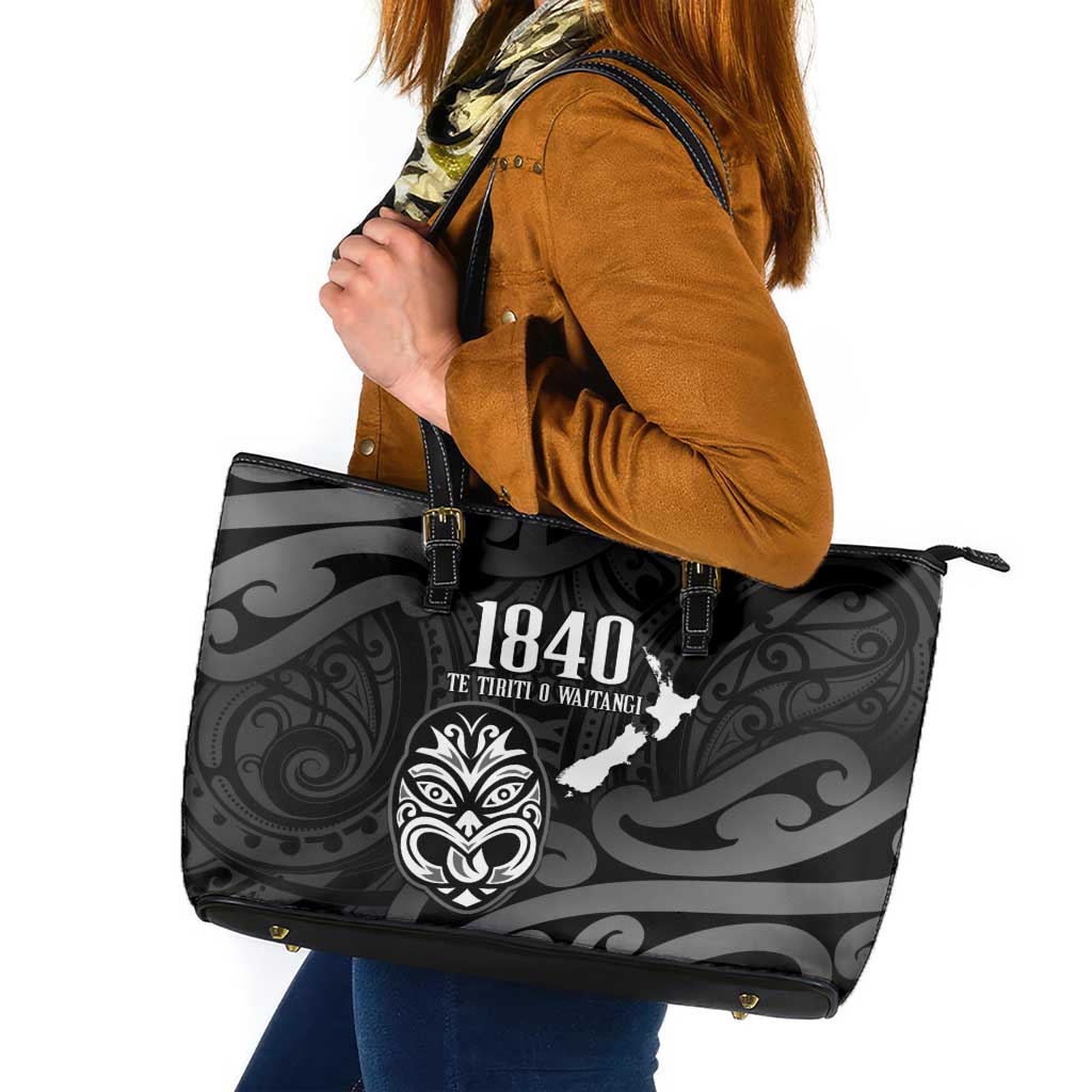New Zealand 1840 Waitangi Day Leather Tote Bag Aotearoa Haka Mask - Black Version LT14 Black - Polynesian Pride