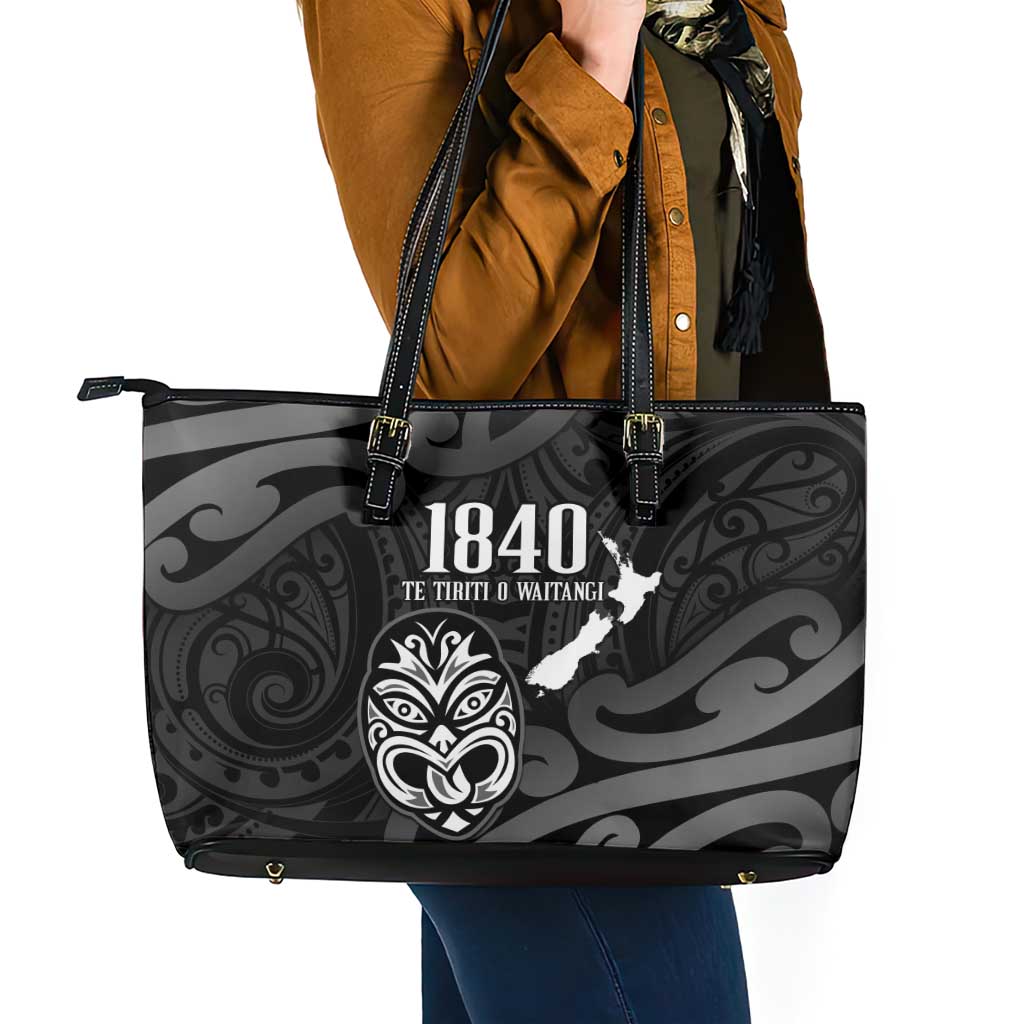 New Zealand 1840 Waitangi Day Leather Tote Bag Aotearoa Haka Mask - Black Version LT14 - Polynesian Pride