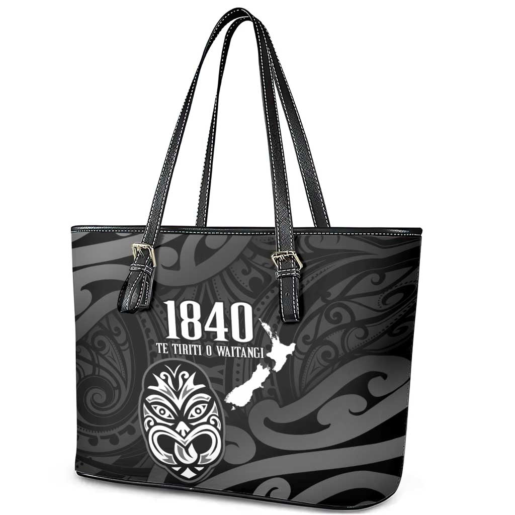 New Zealand 1840 Waitangi Day Leather Tote Bag Aotearoa Haka Mask - Black Version LT14 - Polynesian Pride