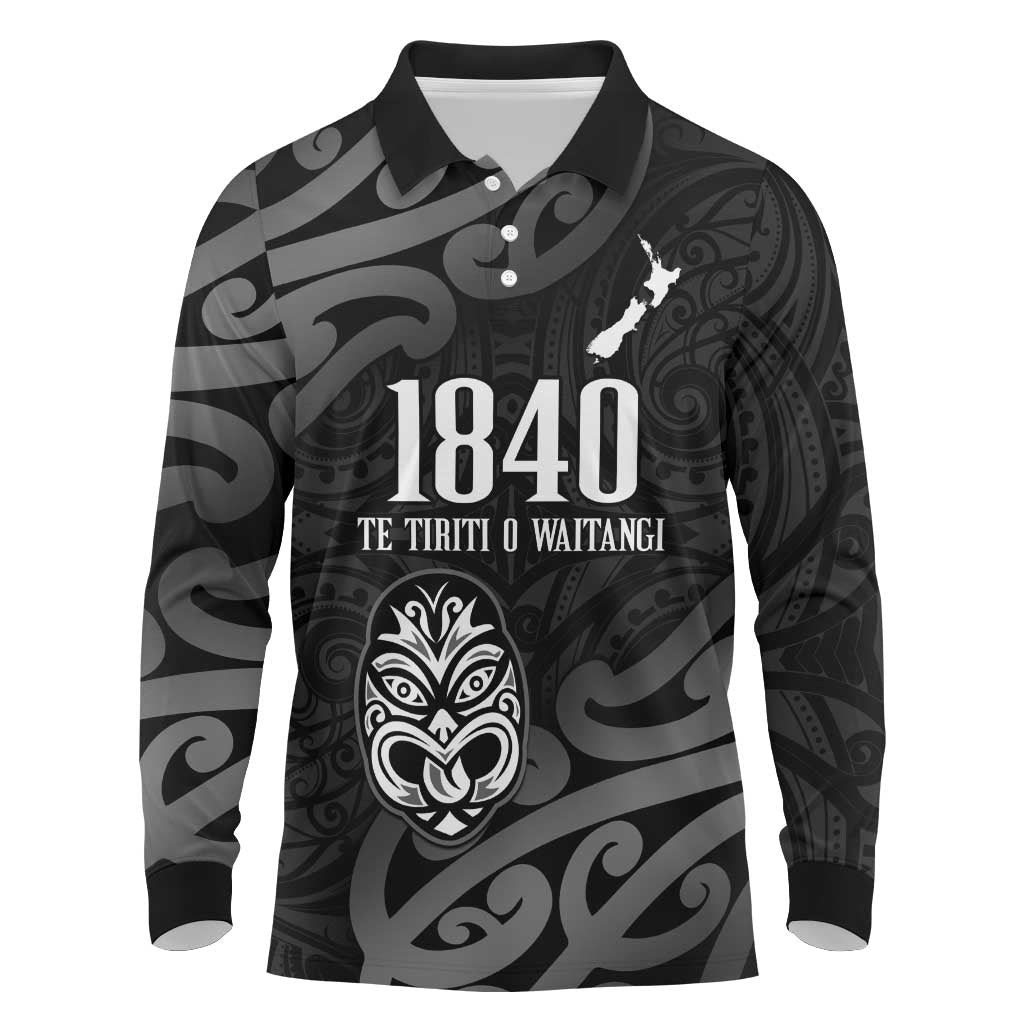 New Zealand 1840 Waitangi Day Long Sleeve Polo Shirt Aotearoa Haka Mask - Black Version LT14 Black - Polynesian Pride