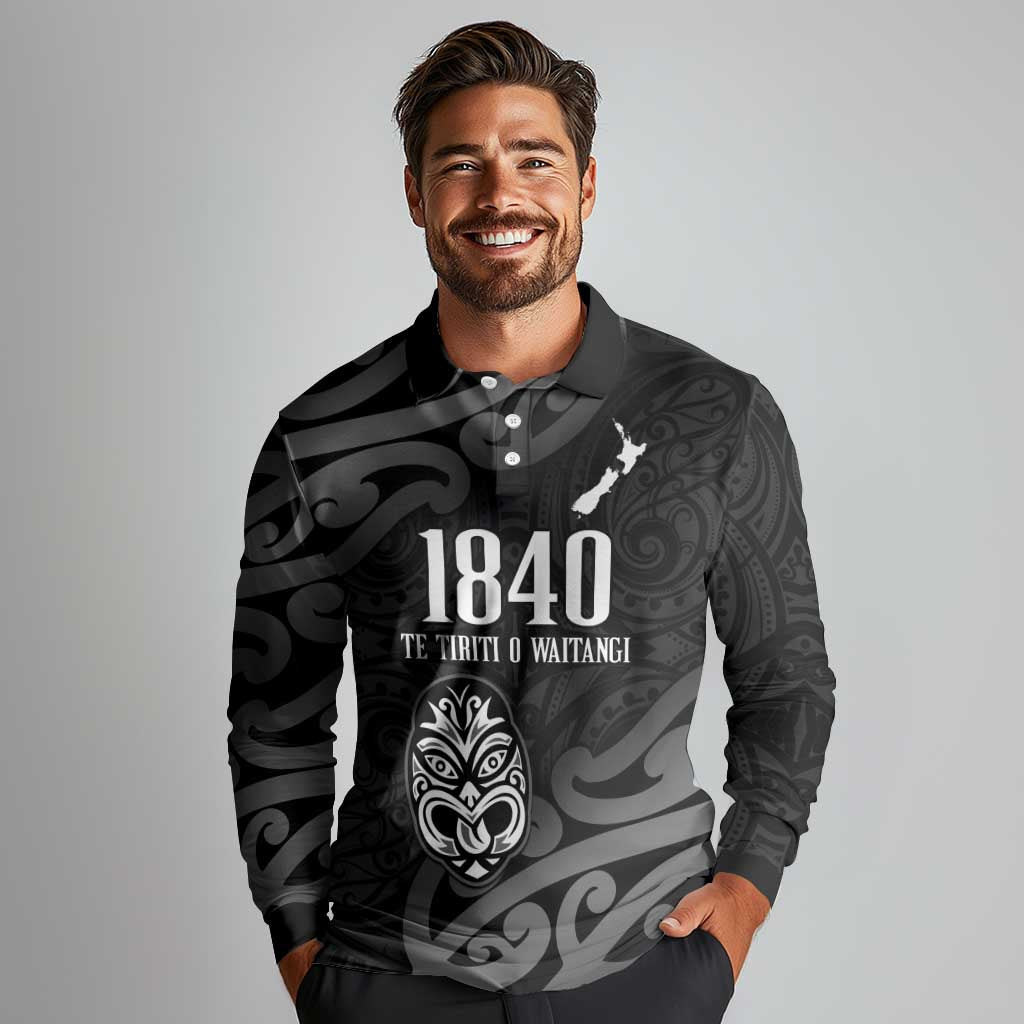 New Zealand 1840 Waitangi Day Long Sleeve Polo Shirt Aotearoa Haka Mask - Black Version LT14 - Polynesian Pride