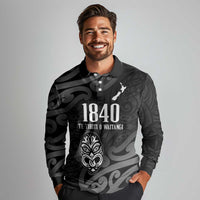New Zealand 1840 Waitangi Day Long Sleeve Polo Shirt Aotearoa Haka Mask - Black Version LT14 - Polynesian Pride