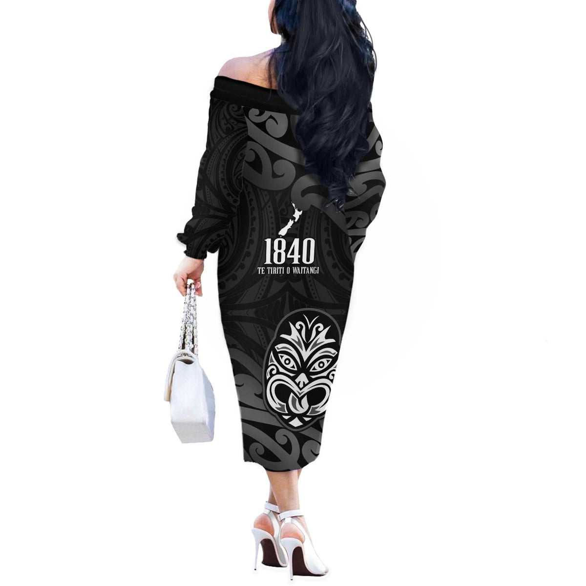 New Zealand 1840 Waitangi Day Off The Shoulder Long Sleeve Dress Aotearoa Haka Mask - Black Version LT14 - Polynesian Pride