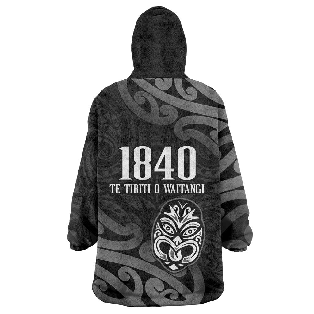 New Zealand 1840 Waitangi Day Wearable Blanket Hoodie Aotearoa Haka Mask - Black Version LT14 - Polynesian Pride