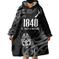New Zealand 1840 Waitangi Day Wearable Blanket Hoodie Aotearoa Haka Mask - Black Version LT14 - Polynesian Pride