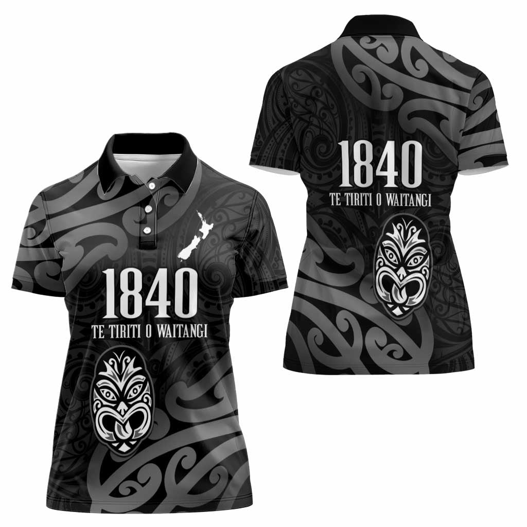 New Zealand 1840 Waitangi Day Women Polo Shirt Aotearoa Haka Mask - Black Version LT14 - Polynesian Pride