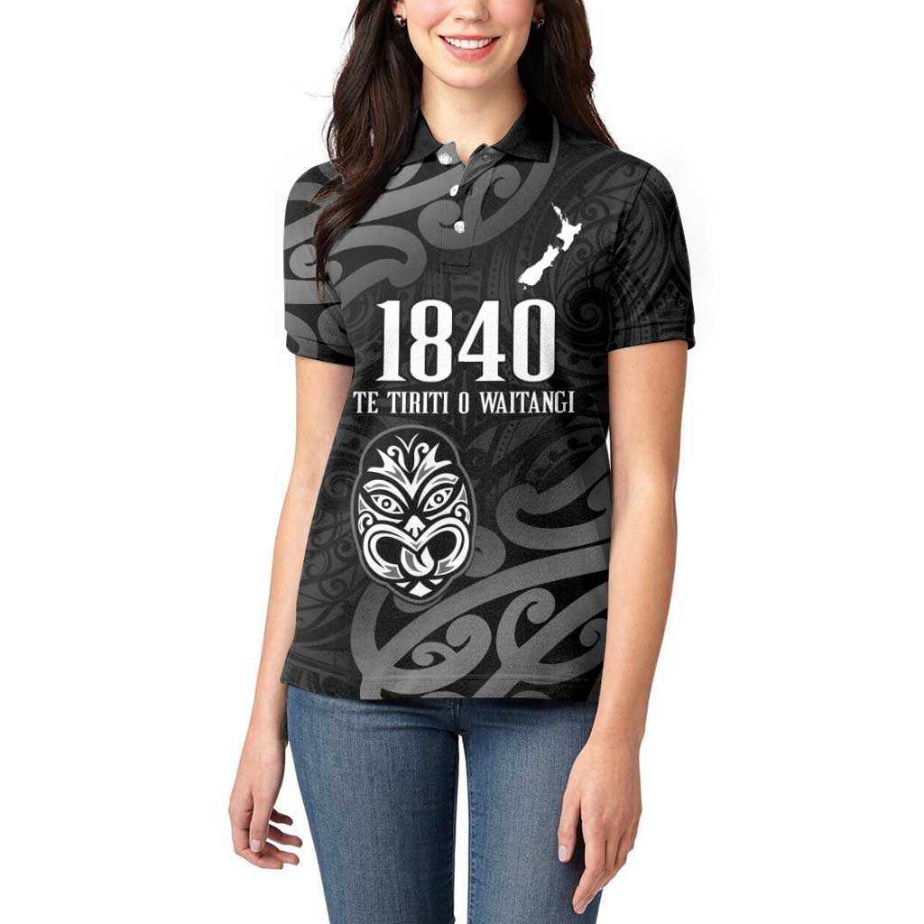 New Zealand 1840 Waitangi Day Women Polo Shirt Aotearoa Haka Mask - Black Version LT14 - Polynesian Pride