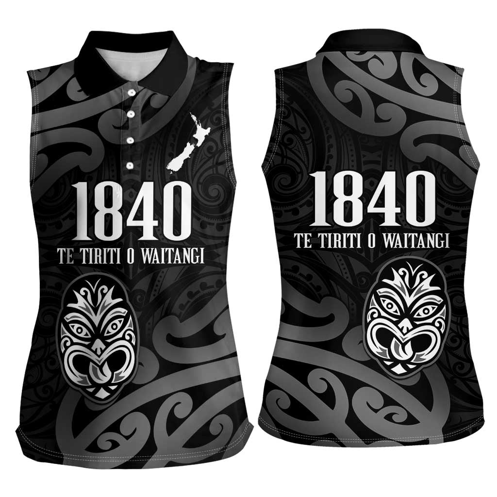 New Zealand 1840 Waitangi Day Women Sleeveless Polo Shirt Aotearoa Haka Mask - Black Version LT14 - Polynesian Pride
