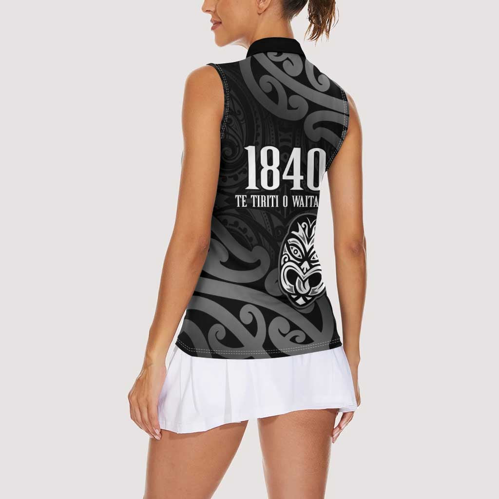 New Zealand 1840 Waitangi Day Women Sleeveless Polo Shirt Aotearoa Haka Mask - Black Version LT14 - Polynesian Pride