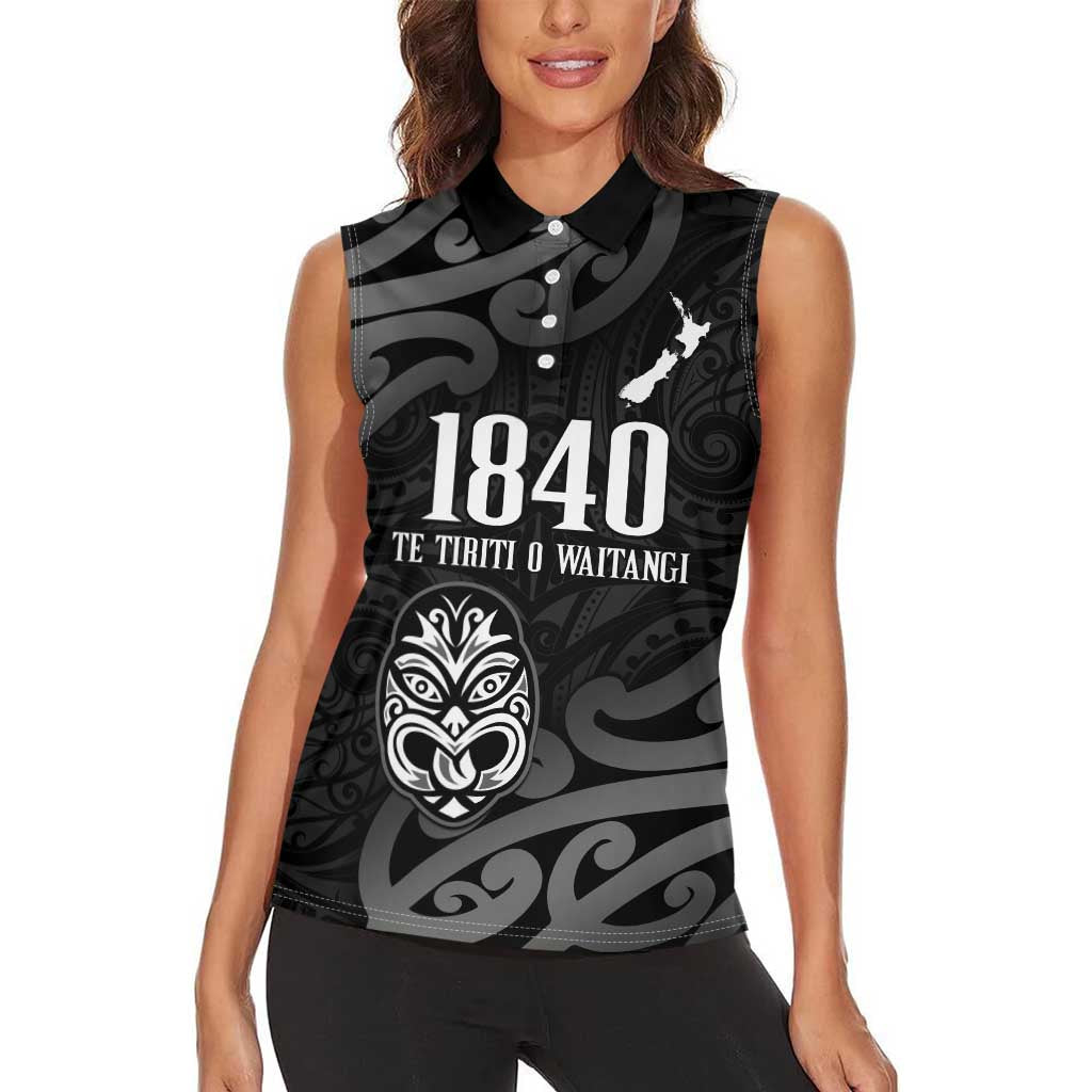 New Zealand 1840 Waitangi Day Women Sleeveless Polo Shirt Aotearoa Haka Mask - Black Version LT14 - Polynesian Pride