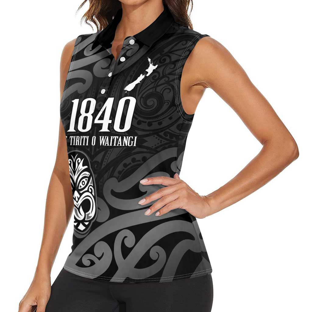 New Zealand 1840 Waitangi Day Women Sleeveless Polo Shirt Aotearoa Haka Mask - Black Version LT14 - Polynesian Pride