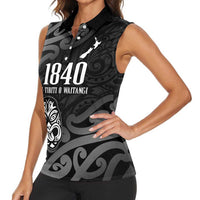 New Zealand 1840 Waitangi Day Women Sleeveless Polo Shirt Aotearoa Haka Mask - Black Version LT14 - Polynesian Pride
