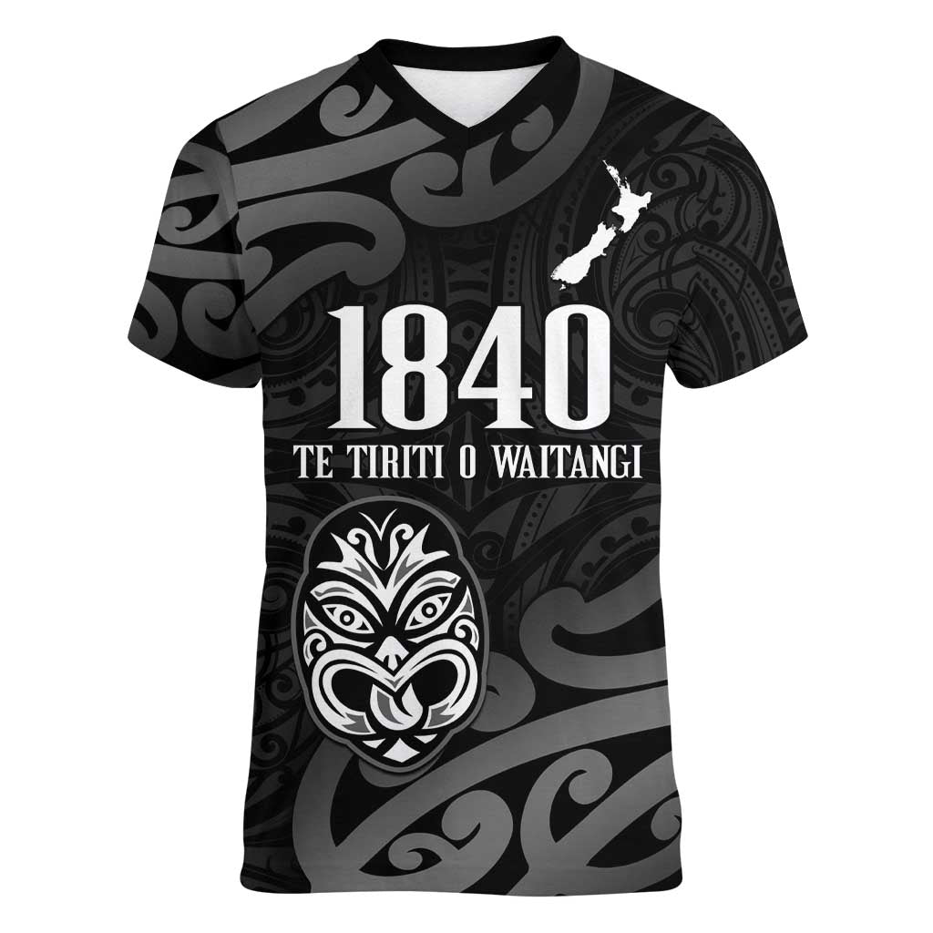New Zealand 1840 Waitangi Day Women V-Neck T-Shirt Aotearoa Haka Mask - Black Version LT14 Female Black - Polynesian Pride
