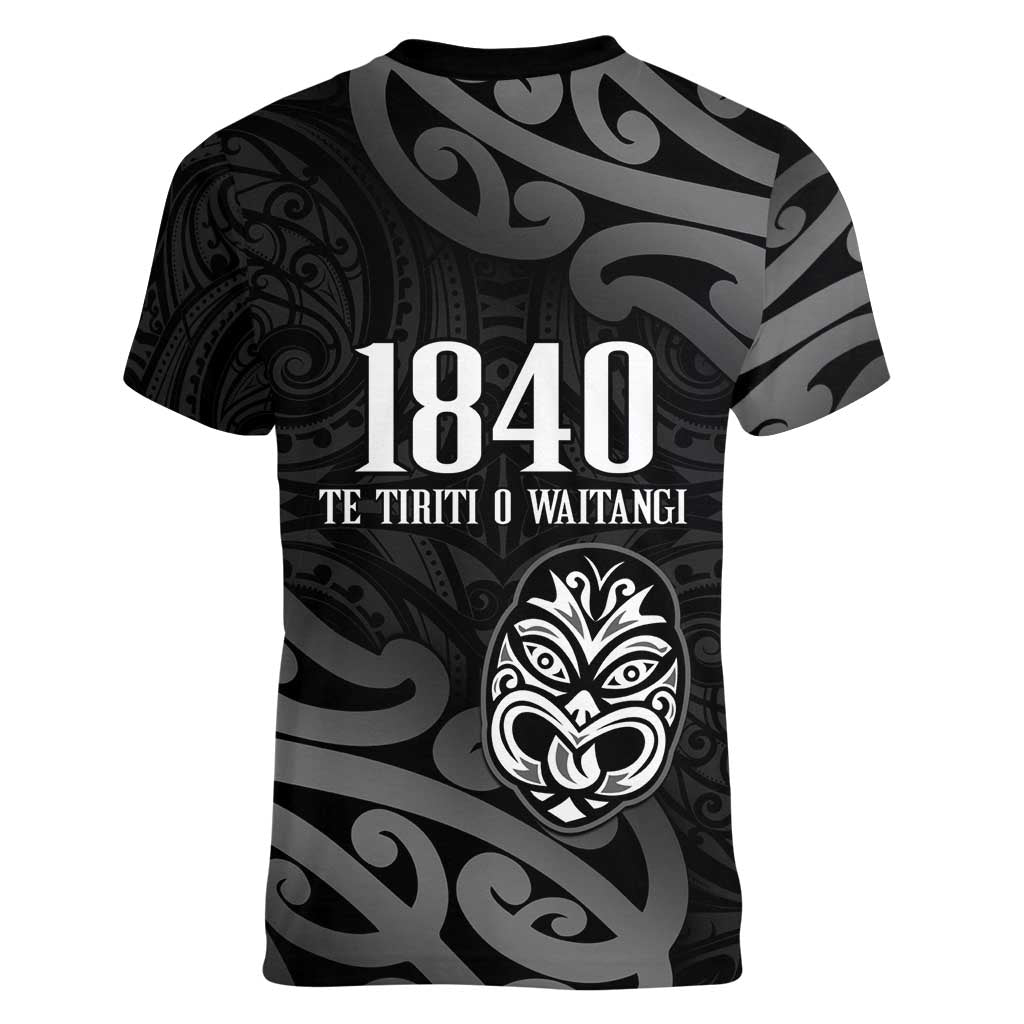 New Zealand 1840 Waitangi Day Women V-Neck T-Shirt Aotearoa Haka Mask - Black Version LT14 - Polynesian Pride