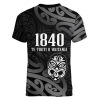 New Zealand 1840 Waitangi Day Women V-Neck T-Shirt Aotearoa Haka Mask - Black Version LT14 - Polynesian Pride