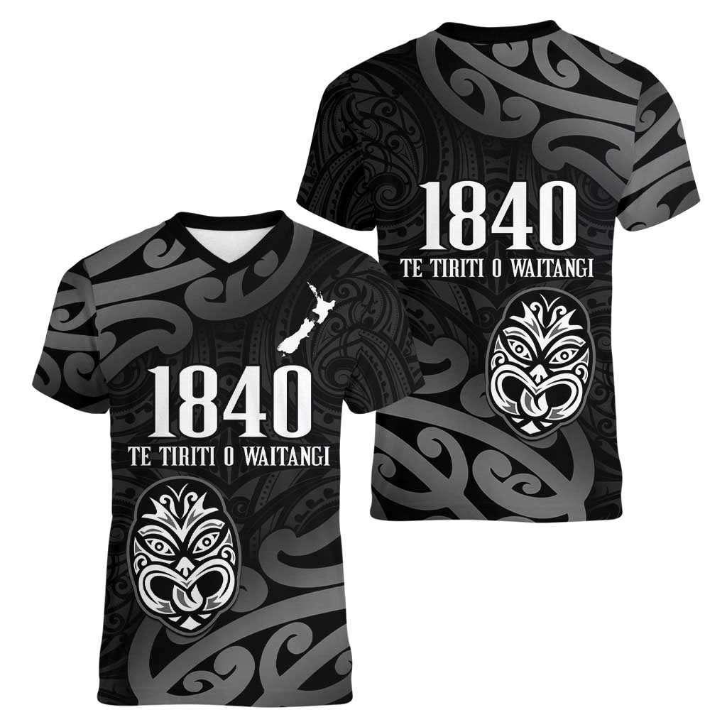 New Zealand 1840 Waitangi Day Women V-Neck T-Shirt Aotearoa Haka Mask - Black Version LT14 - Polynesian Pride