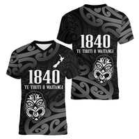 New Zealand 1840 Waitangi Day Women V-Neck T-Shirt Aotearoa Haka Mask - Black Version LT14 - Polynesian Pride