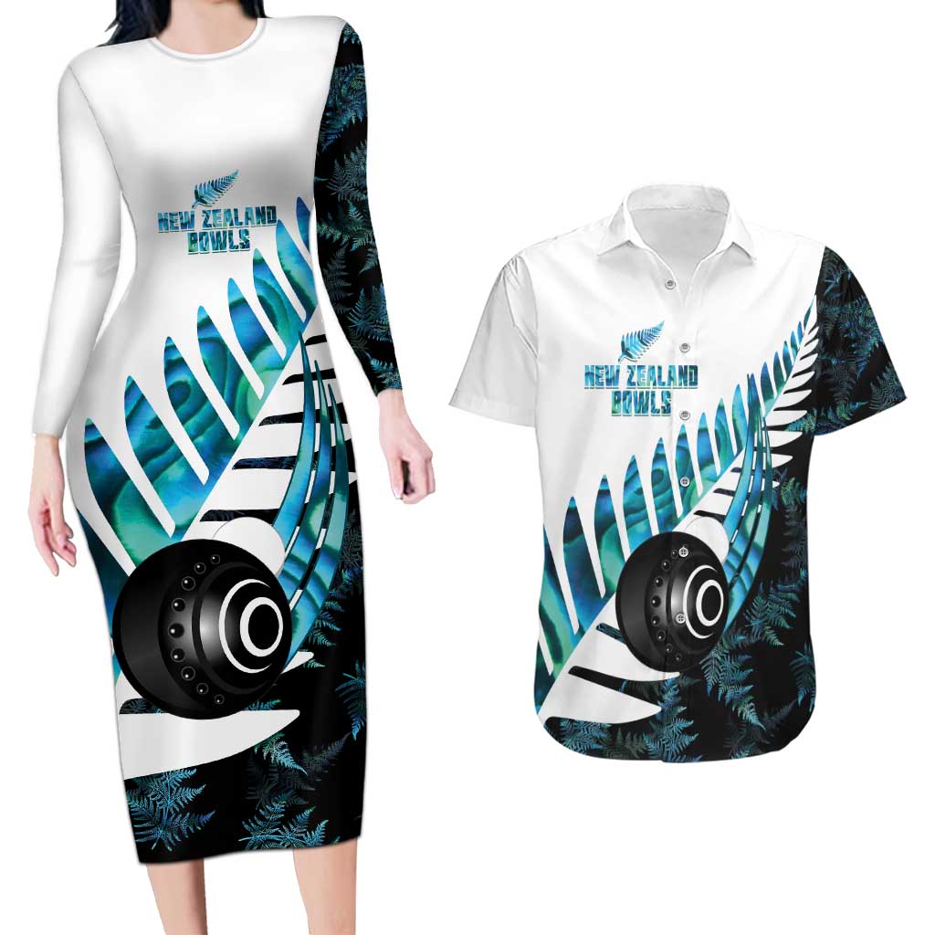 New Zealand Lawn Bowls Custom Couples Matching Long Sleeve Bodycon Dress and Hawaiian Shirt Aotearoa Silver Fern Paua Shell LT14 Black - Polynesian Pride