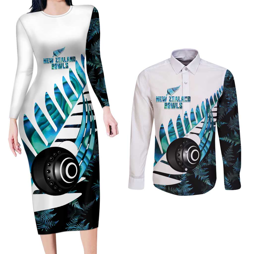 New Zealand Lawn Bowls Custom Couples Matching Long Sleeve Bodycon Dress and Long Sleeve Button Shirt Aotearoa Silver Fern Paua Shell LT14 Black - Polynesian Pride