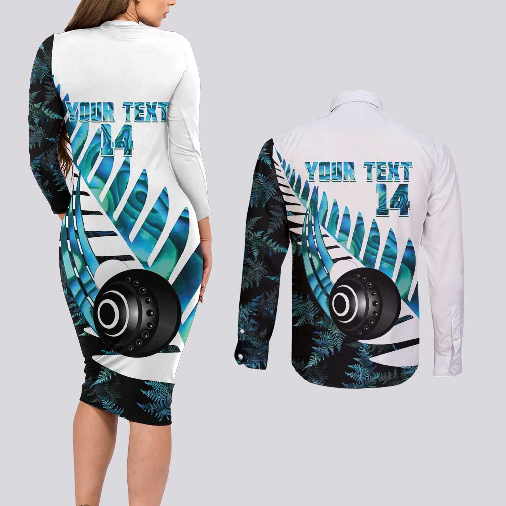 New Zealand Lawn Bowls Custom Couples Matching Long Sleeve Bodycon Dress and Long Sleeve Button Shirt Aotearoa Silver Fern Paua Shell LT14 - Polynesian Pride