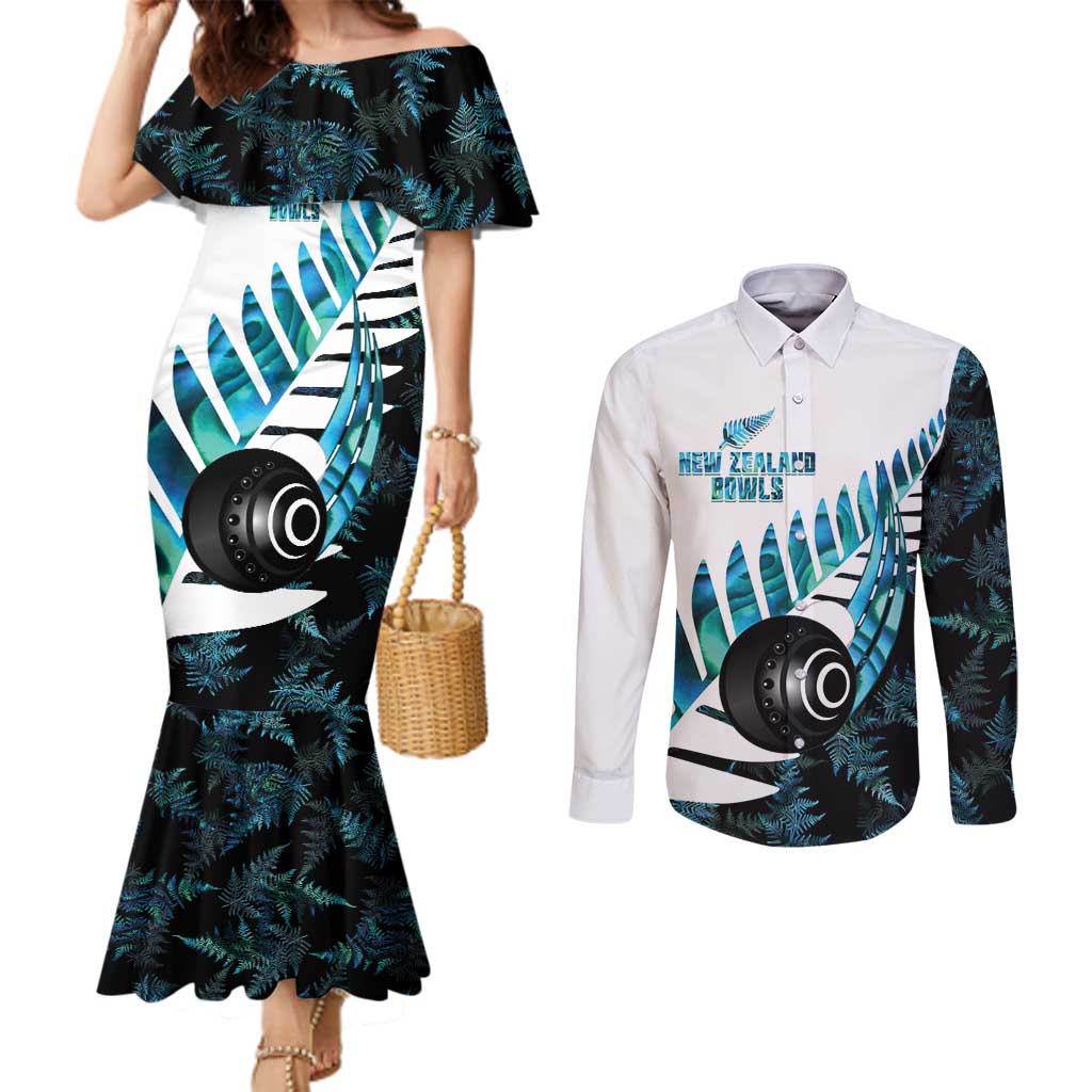 New Zealand Lawn Bowls Custom Couples Matching Mermaid Dress and Long Sleeve Button Shirt Aotearoa Silver Fern Paua Shell LT14 Black - Polynesian Pride