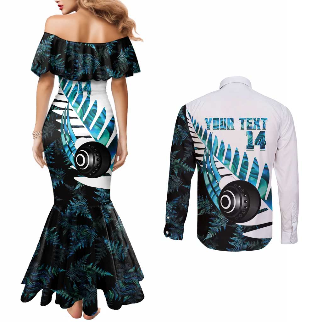 New Zealand Lawn Bowls Custom Couples Matching Mermaid Dress and Long Sleeve Button Shirt Aotearoa Silver Fern Paua Shell LT14 - Polynesian Pride