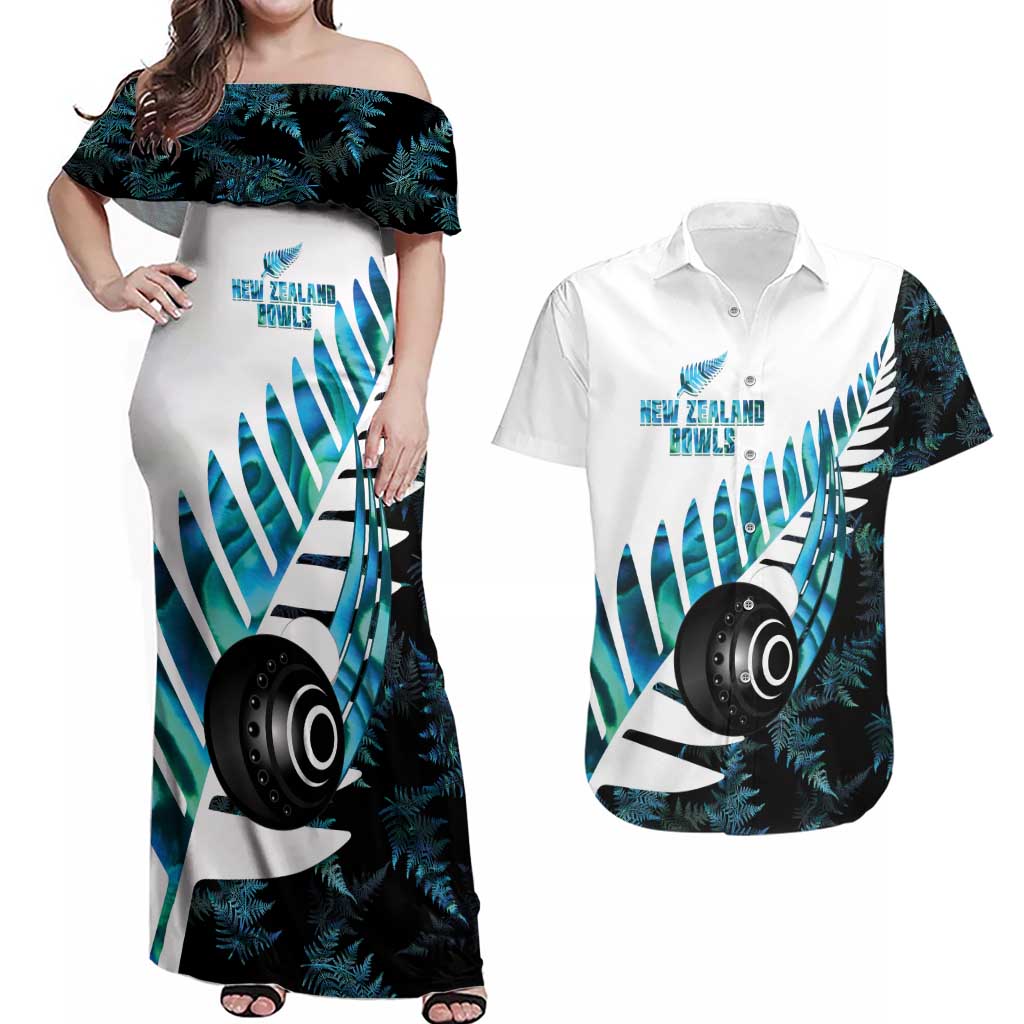 New Zealand Lawn Bowls Custom Couples Matching Off Shoulder Maxi Dress and Hawaiian Shirt Aotearoa Silver Fern Paua Shell LT14 Black - Polynesian Pride