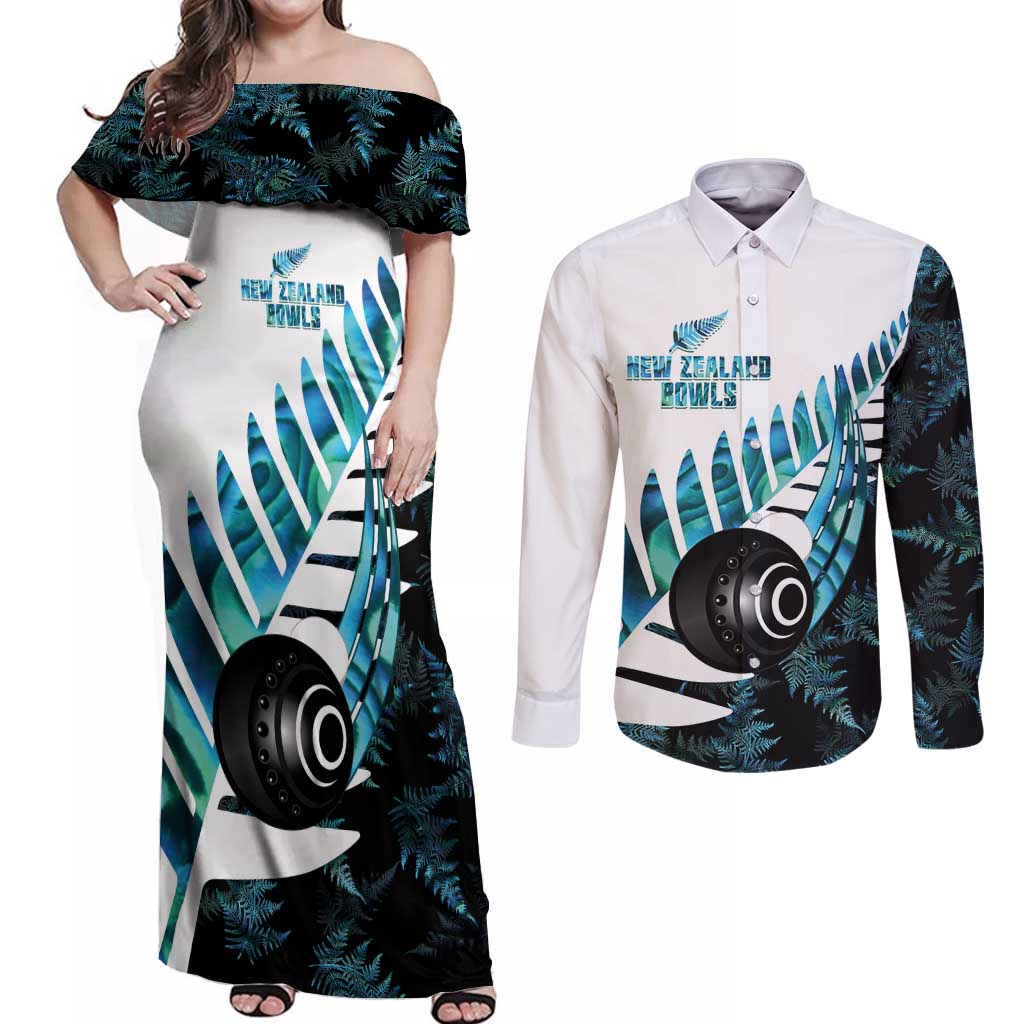 New Zealand Lawn Bowls Custom Couples Matching Off Shoulder Maxi Dress and Long Sleeve Button Shirt Aotearoa Silver Fern Paua Shell LT14 Black - Polynesian Pride