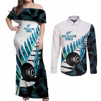 New Zealand Lawn Bowls Custom Couples Matching Off Shoulder Maxi Dress and Long Sleeve Button Shirt Aotearoa Silver Fern Paua Shell LT14 Black - Polynesian Pride