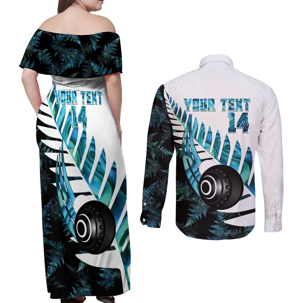 New Zealand Lawn Bowls Custom Couples Matching Off Shoulder Maxi Dress and Long Sleeve Button Shirt Aotearoa Silver Fern Paua Shell LT14 - Polynesian Pride