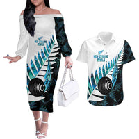 New Zealand Lawn Bowls Custom Couples Matching Off The Shoulder Long Sleeve Dress and Hawaiian Shirt Aotearoa Silver Fern Paua Shell LT14 Black - Polynesian Pride