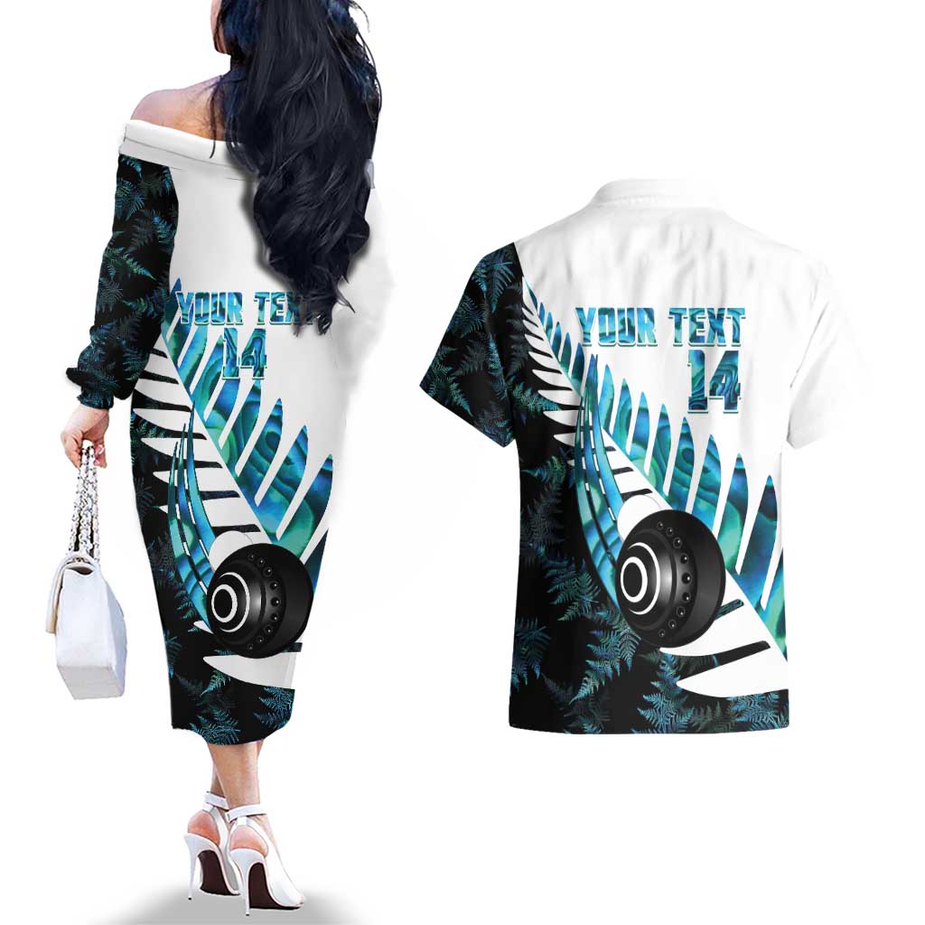 New Zealand Lawn Bowls Custom Couples Matching Off The Shoulder Long Sleeve Dress and Hawaiian Shirt Aotearoa Silver Fern Paua Shell LT14 - Polynesian Pride
