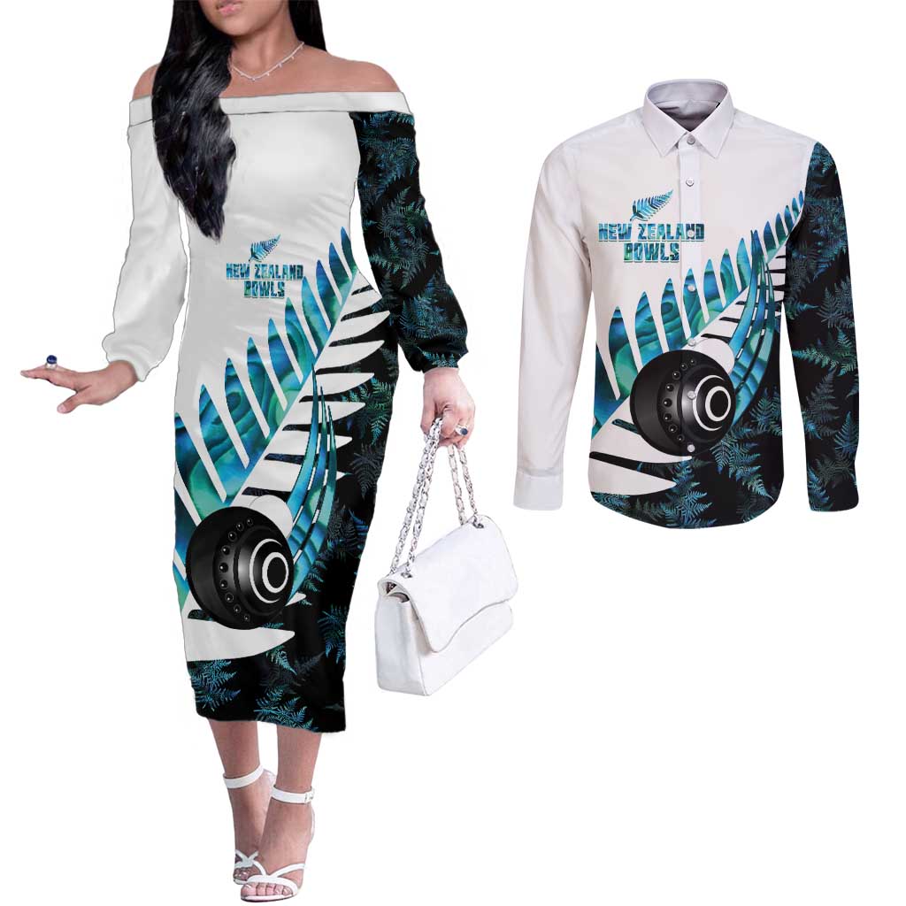 New Zealand Lawn Bowls Custom Couples Matching Off The Shoulder Long Sleeve Dress and Long Sleeve Button Shirt Aotearoa Silver Fern Paua Shell LT14 Black - Polynesian Pride