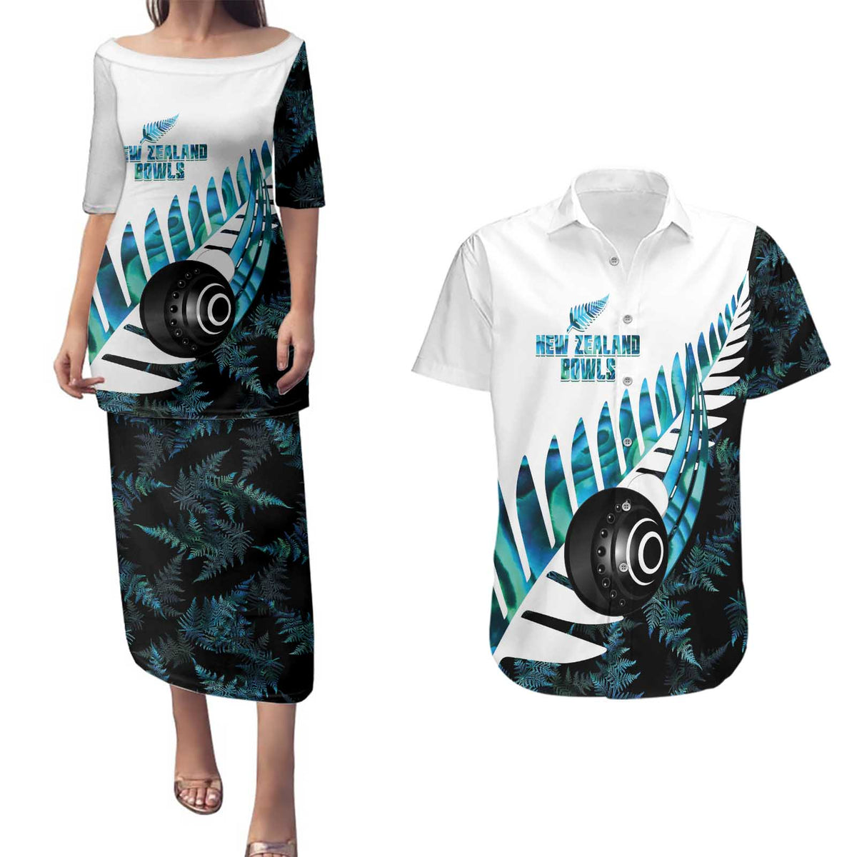 New Zealand Lawn Bowls Custom Couples Matching Puletasi and Hawaiian Shirt Aotearoa Silver Fern Paua Shell LT14 Black - Polynesian Pride