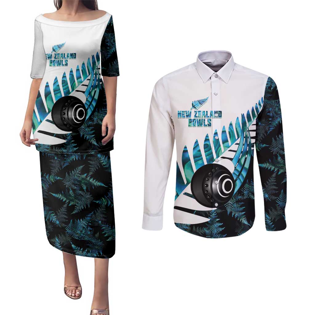 New Zealand Lawn Bowls Custom Couples Matching Puletasi and Long Sleeve Button Shirt Aotearoa Silver Fern Paua Shell LT14 Black - Polynesian Pride