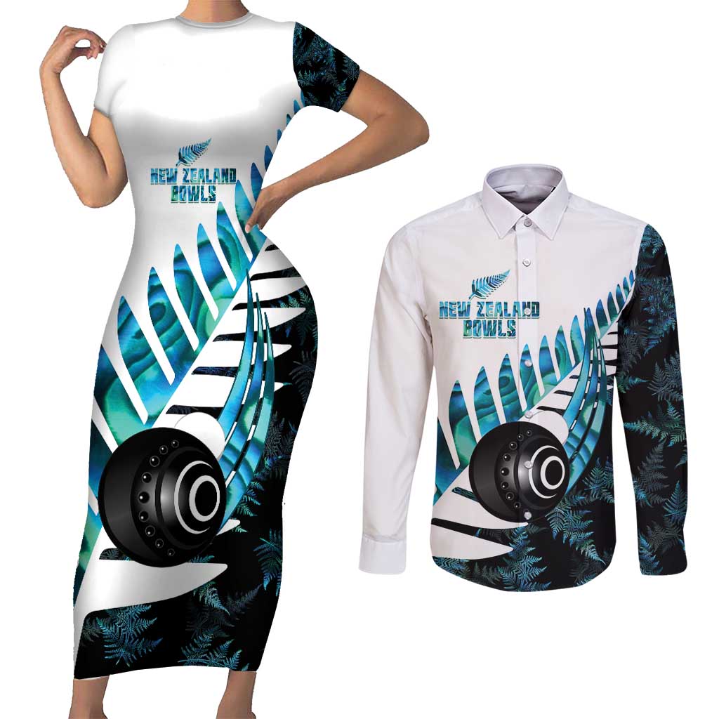 New Zealand Lawn Bowls Custom Couples Matching Short Sleeve Bodycon Dress and Long Sleeve Button Shirt Aotearoa Silver Fern Paua Shell LT14 Black - Polynesian Pride